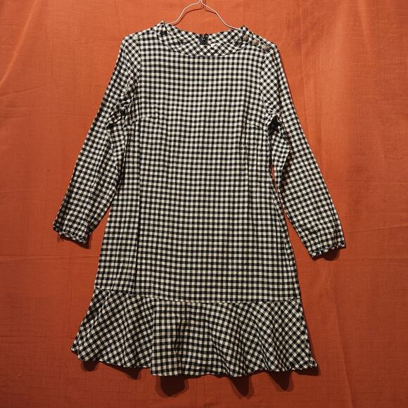 J.CREW Sz M Gingham Flannel Long Sleeve Funnel Neck Dress Ruffle Hem Jewel Hint - Picture 2 of 10